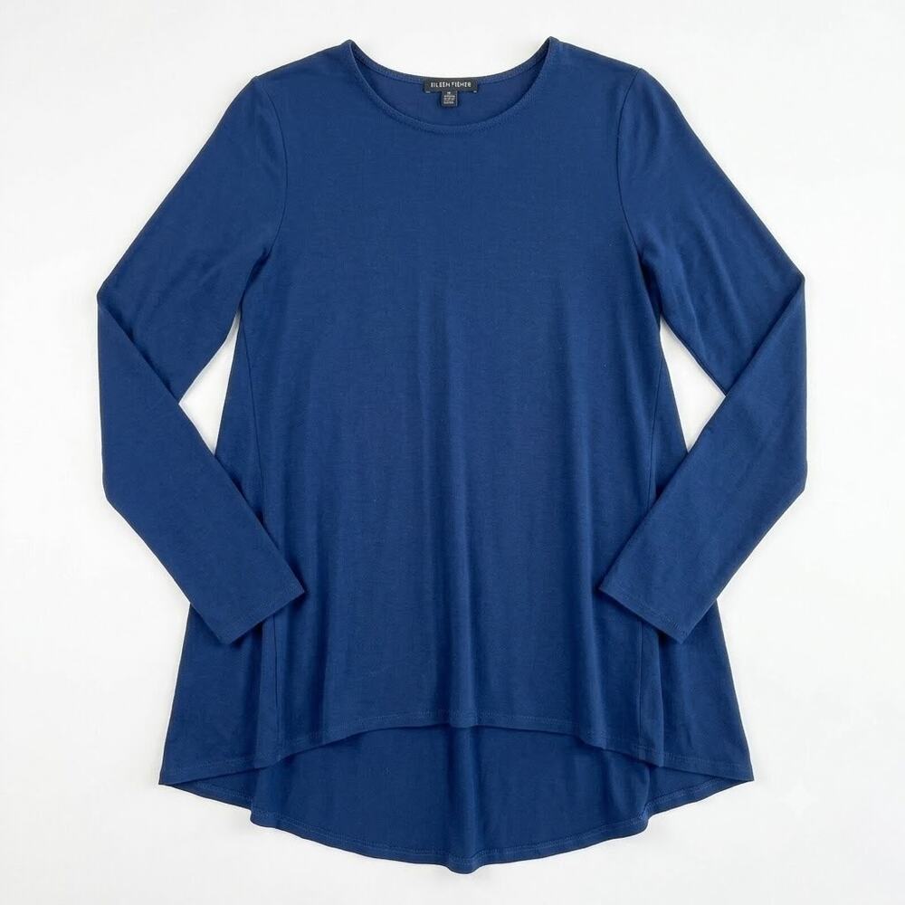 Eileen Fisher High Low Swing Tunic Top Blue Stretch Jersey Knit Casual Womens XS